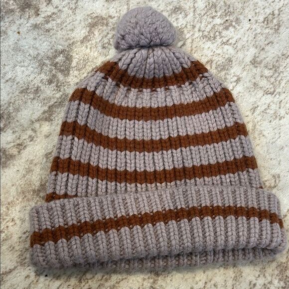 Madewell alpaca blend Striped Knit Beanie lavender and Brown with pom one size - Picture 1 of 3
